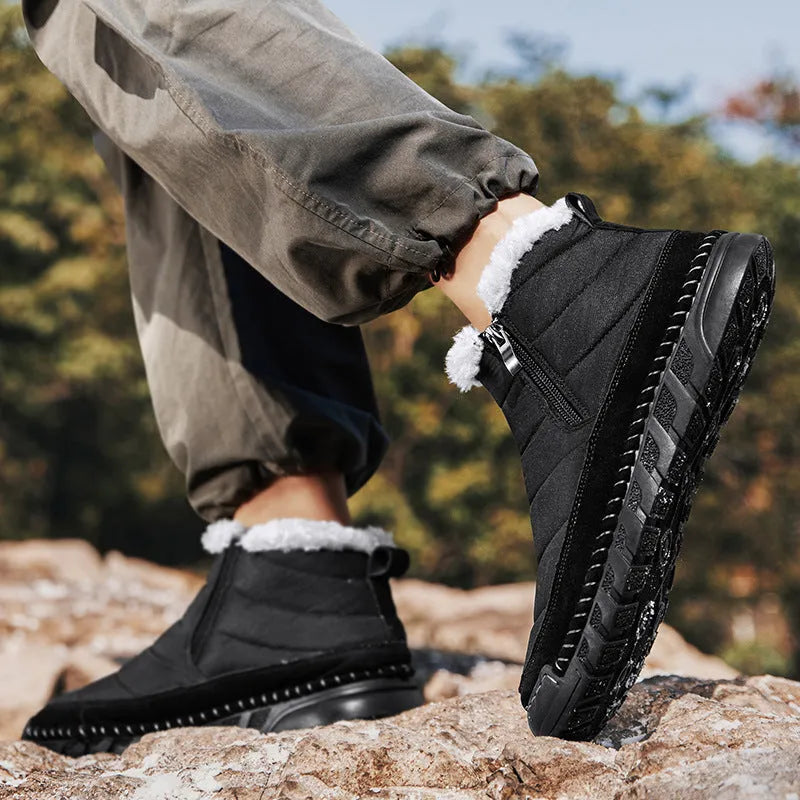 Men's plus size snow boots in black with round toe, flat heel, and non-slip rubber sole