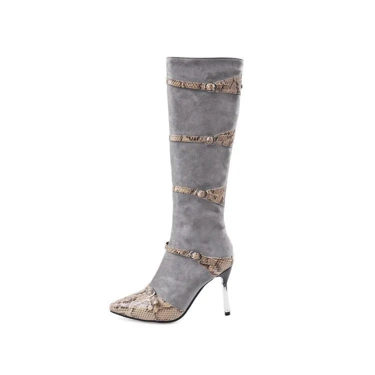 Grey and black women's knee high boots with a thin high heel on a rubber sole.