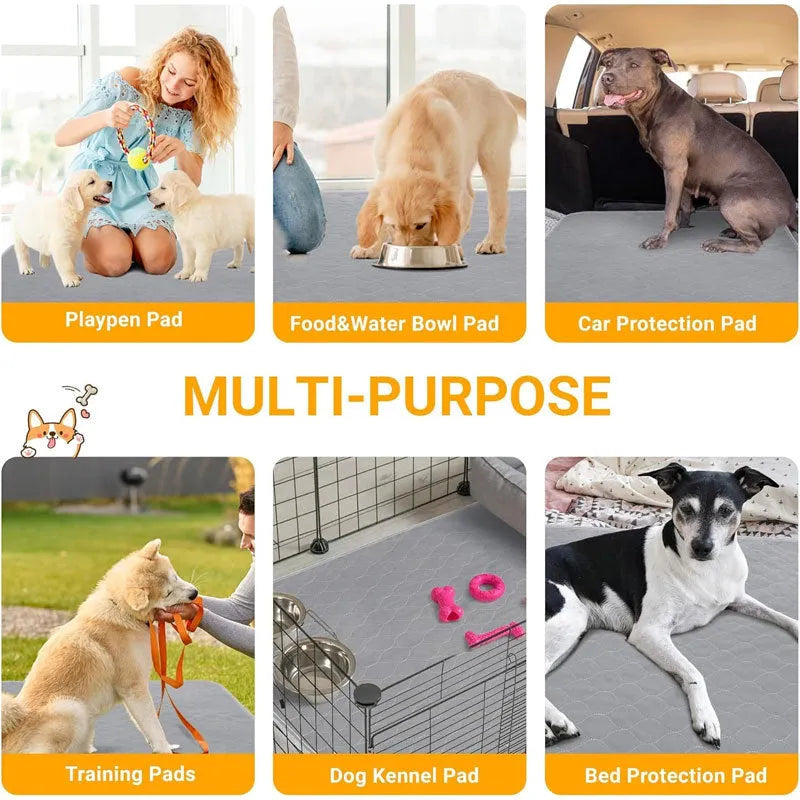 Two neutral coloured washable dog pee pads showing grey and tan options in different sizes