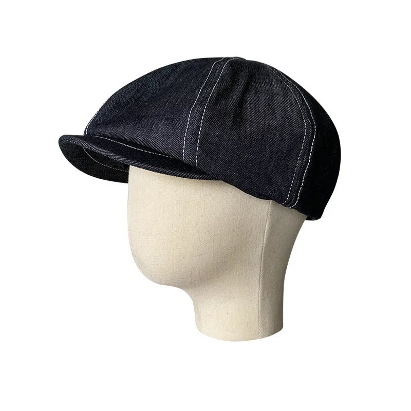 Black retro beret with octagonal crown made from Japanese denim cotton fabric