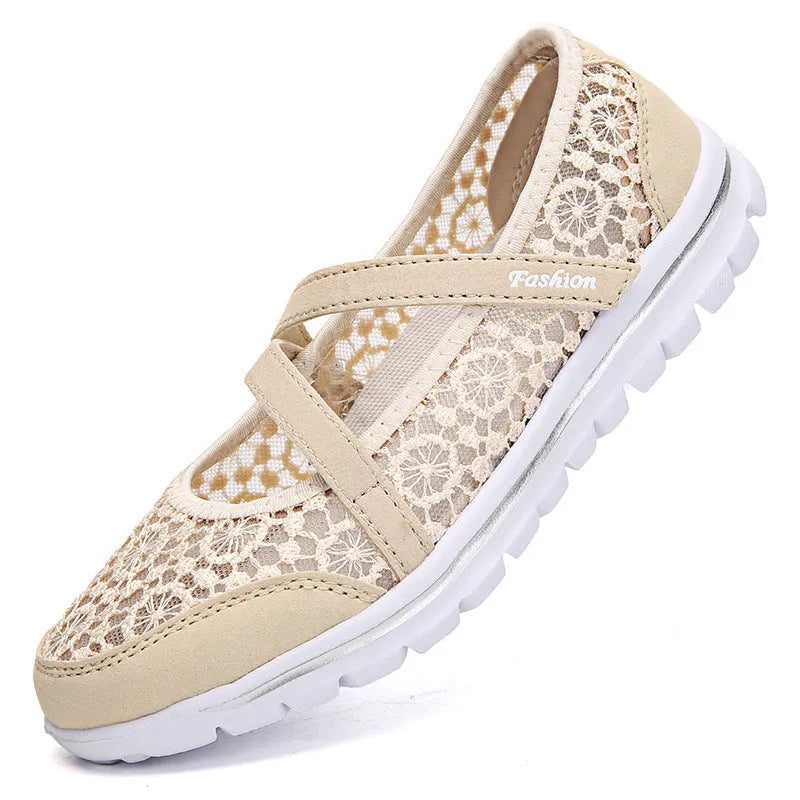 Women's mesh lace-up casual shoes in beige colour with round toe and flat heel design