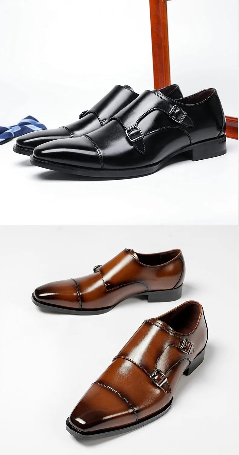 Men's black leather square toe business casual shoes with rubber sole