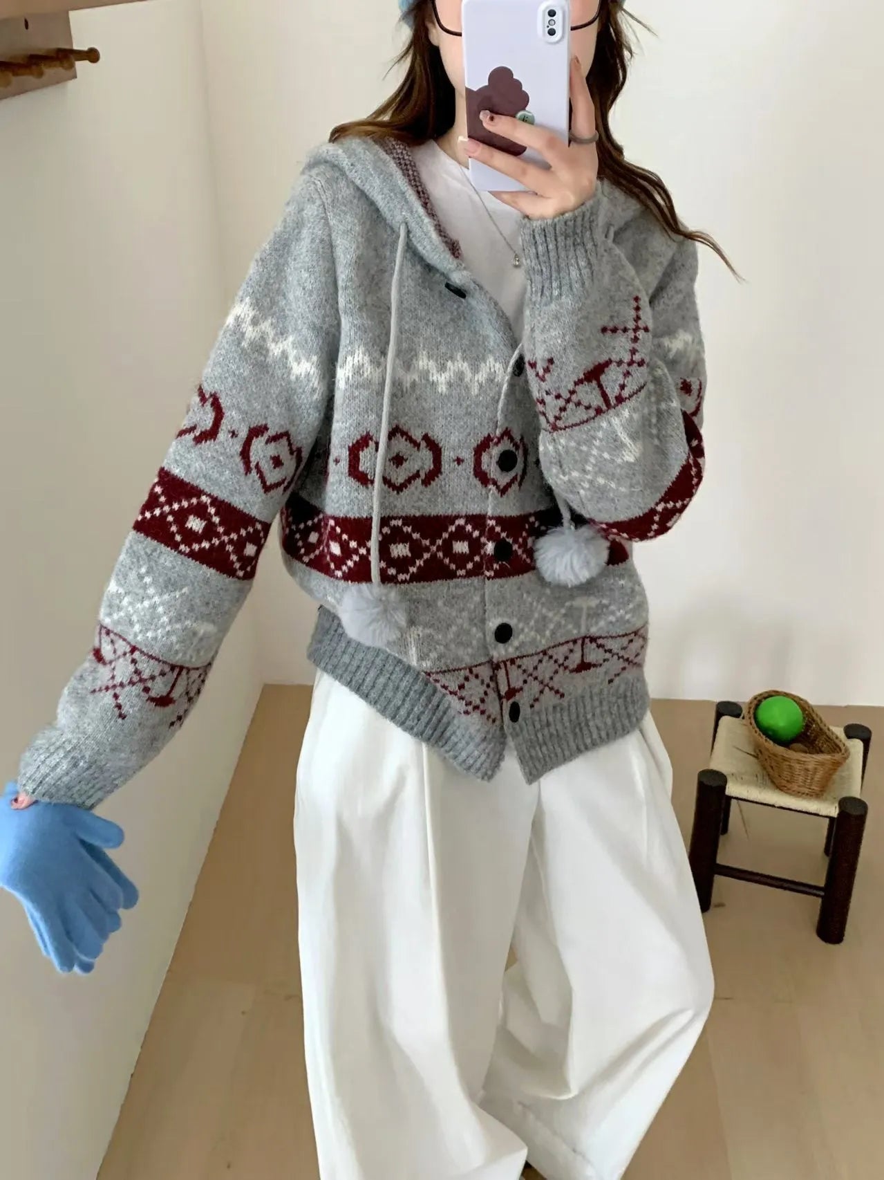 Women's plus size brocade knit sweater coat with geometric pattern in milky white and grey colour options