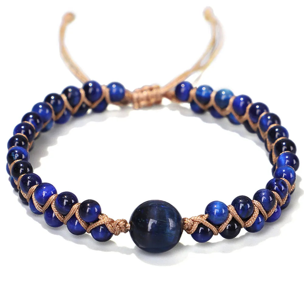 Handwoven geometric pull bracelet in blue Tigereye or Amethyst colours
