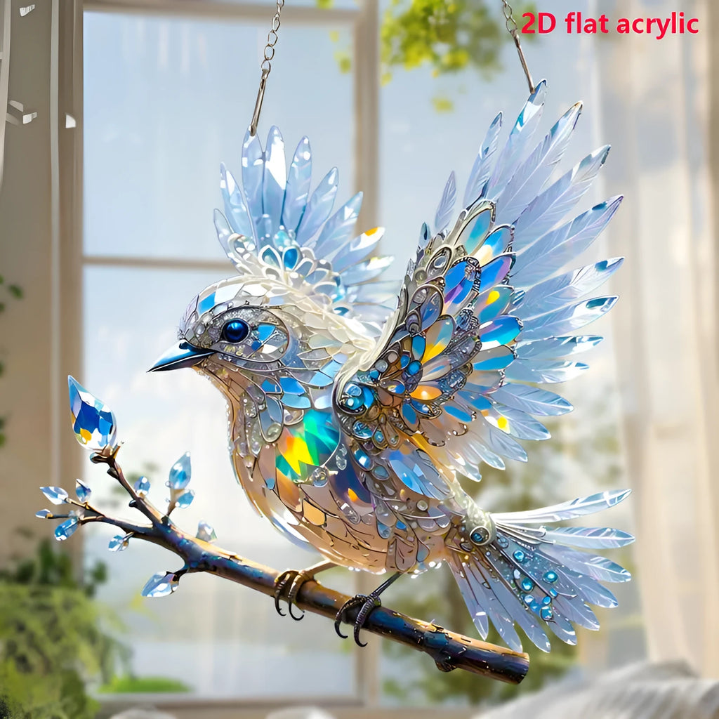 Square acrylic bird pendant holiday decoration with UV printed cartoon scene on reinforced cardboard backing
