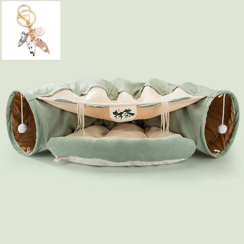 Collapsible cloth cat tunnel showing foldable design in Bar colour option