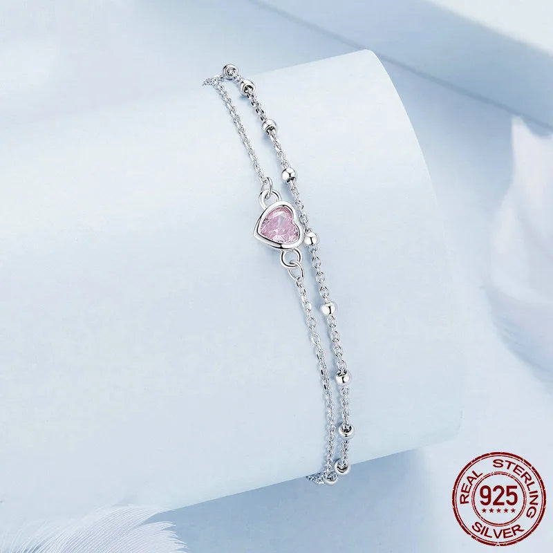 Sweet women's 925 sterling silver heart bracelet with 6mm pendant on an adjustable chain, colour BSB152.