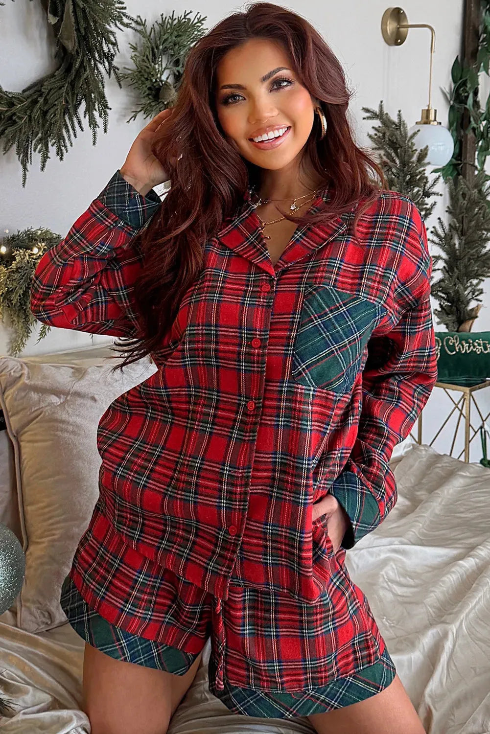 Red plaid Christmas pajama set with contrast patched shirt and matching shorts