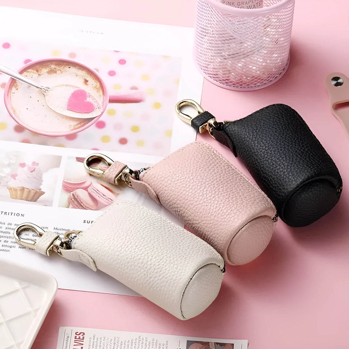 Black PU zip key case for men and women, shown closed with a key ring attached.