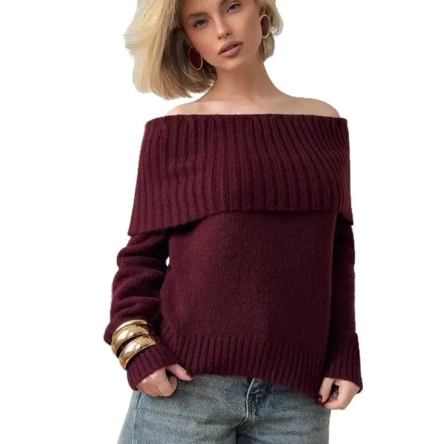Grey off-the-shoulder strapless pullover sweater with a 3D pattern texture.