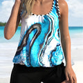 Blue tie-dyed floral pattern women's two-piece swimsuit with shorts