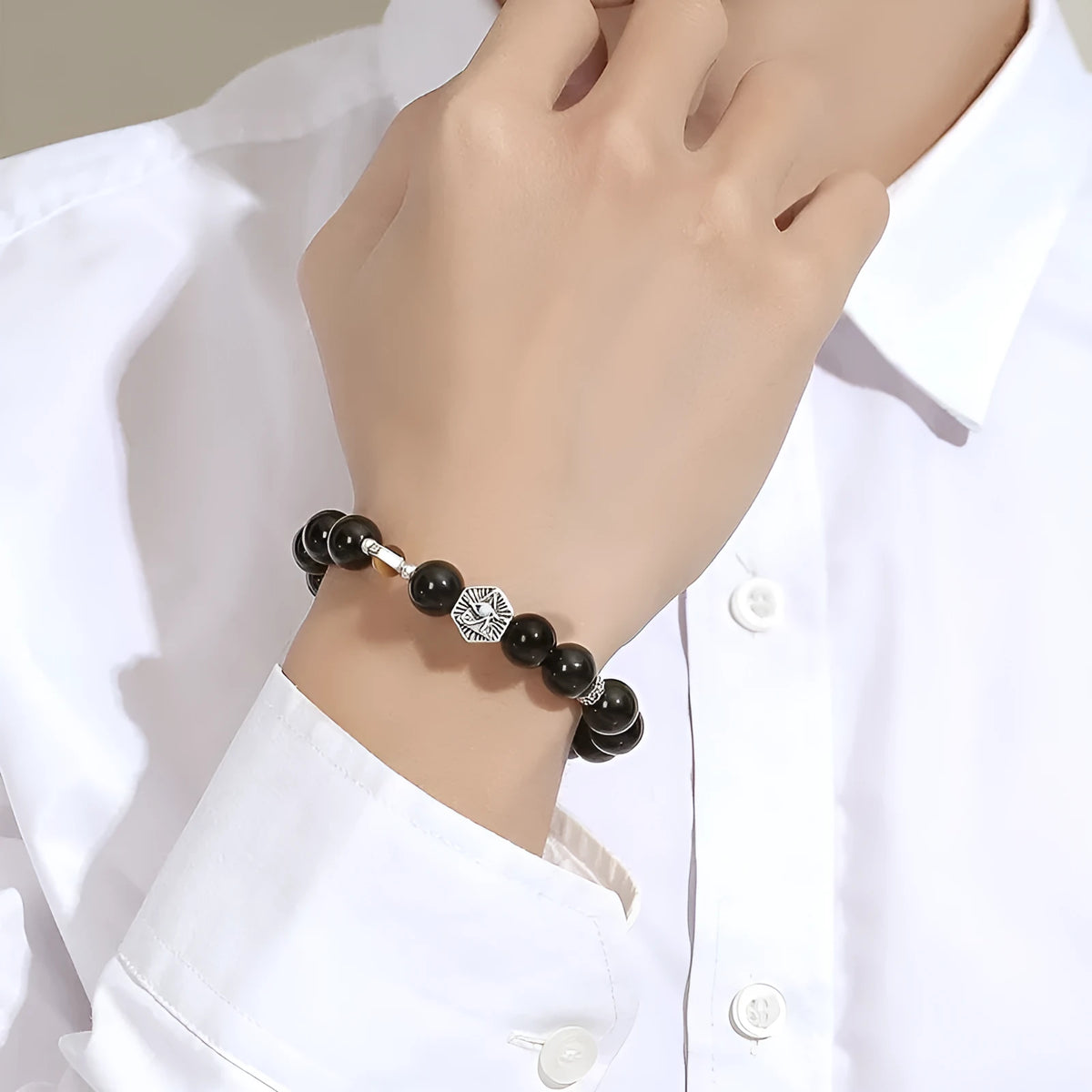Men's retro bracelet with S925 sterling silver band and 8mm God's Eye obsidian geometry inlay.