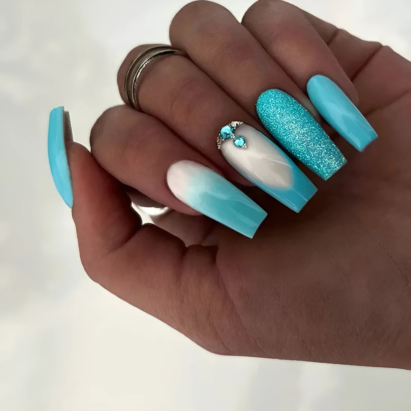 Smart blue long ballet false nails with diamond glitter debris decoration