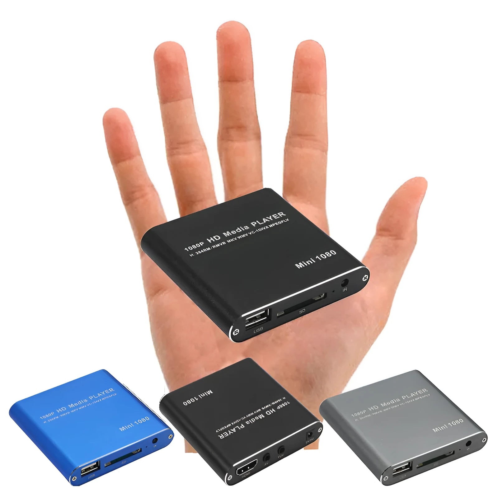Blue and black 1080p Full HD media player with HDMI port for SD card and USB playback