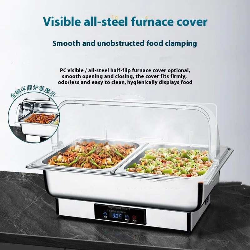 Electric buffet stove with transparent flip lid showing stainless steel construction and heating grids