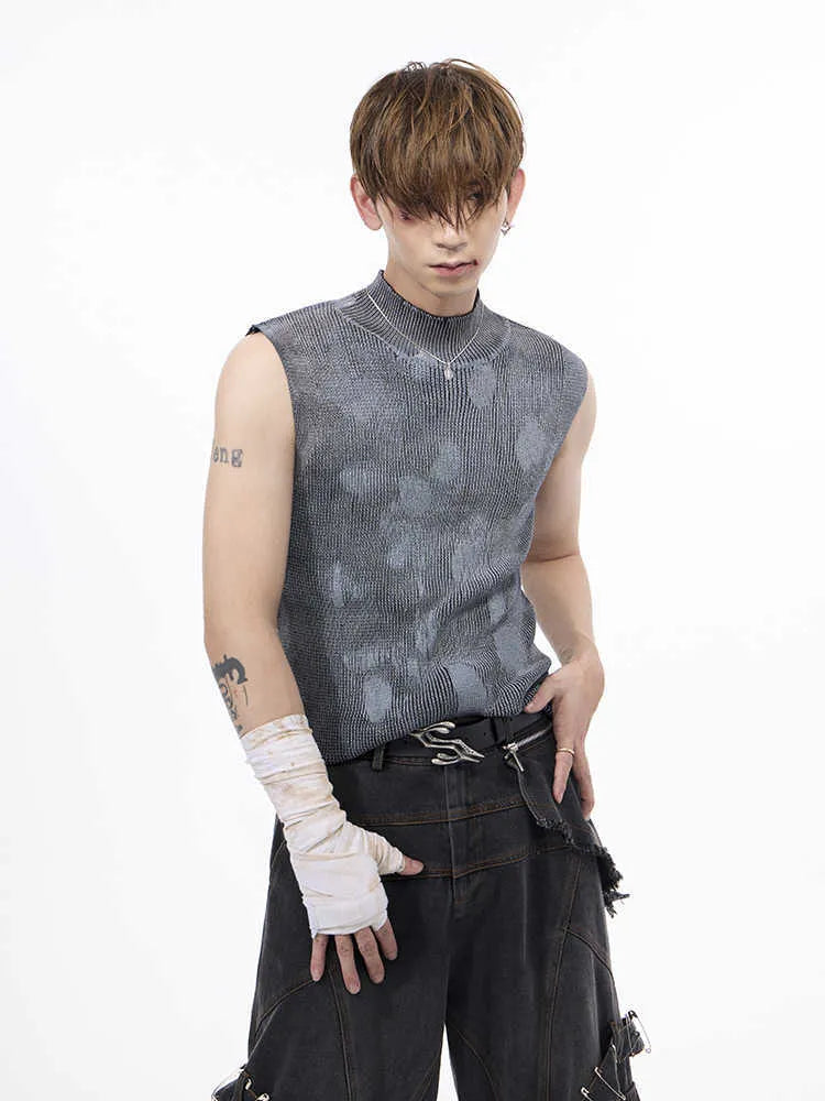 Black silver pastebrushing men's sleeveless t-shirt with a stand collar on a hanger.