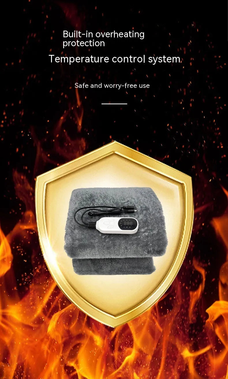 Grey double-sided 12V car electric blanket showing cigarette lighter plug and intelligent temperature control.