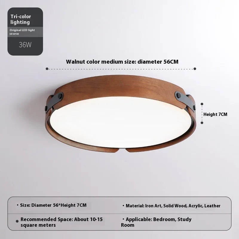Japanese wooden ceiling lamp with natural wood shade and PMMA lampshade in bedroom setting