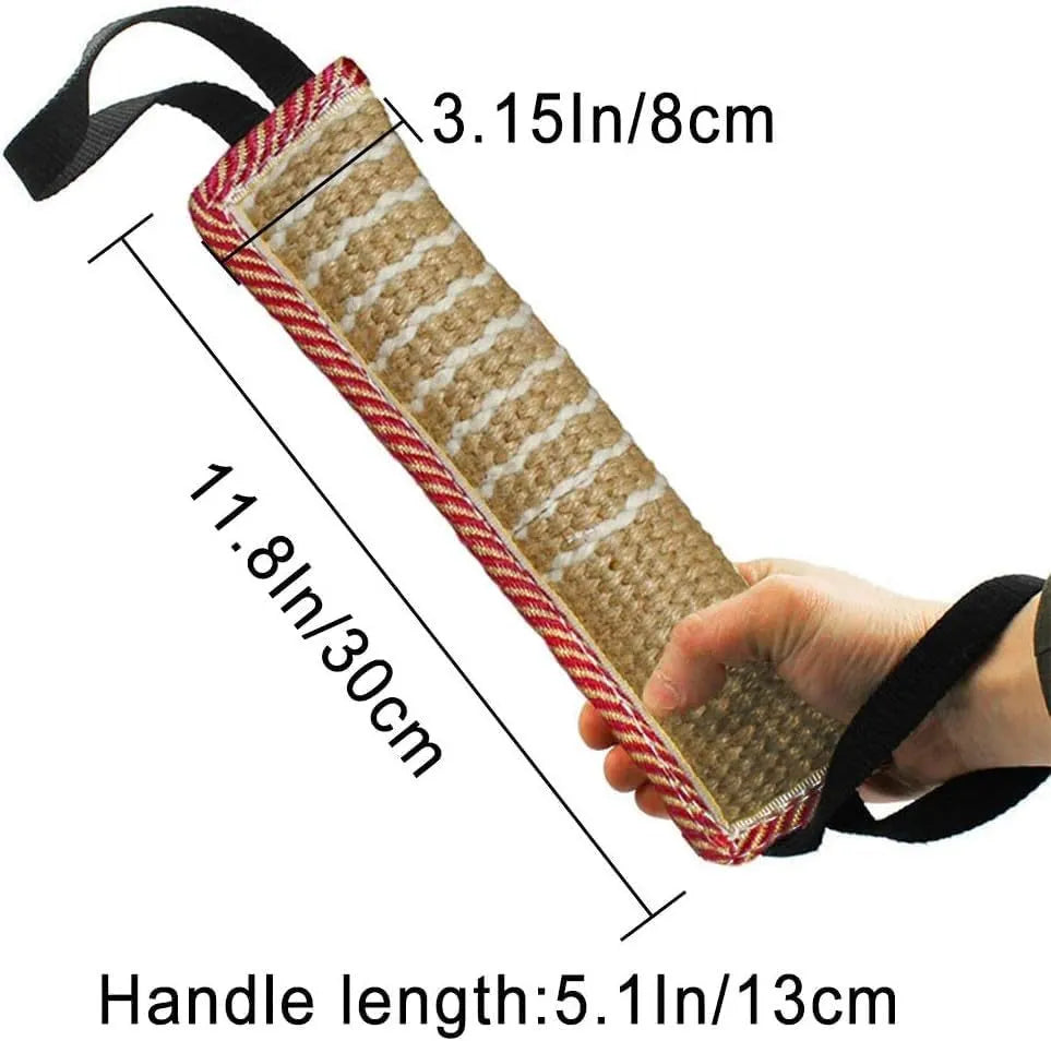 Beige jute dog tug toy with two handles for interactive training play