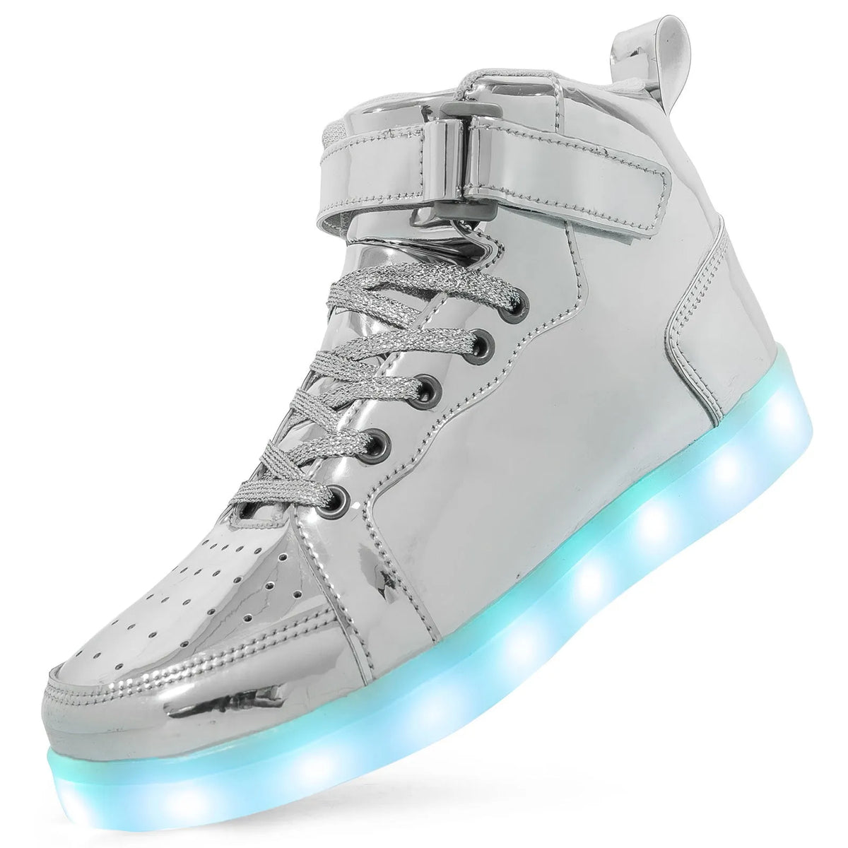 Pair of black high-top sneakers with LED lights illuminated on the side and Velcro straps.