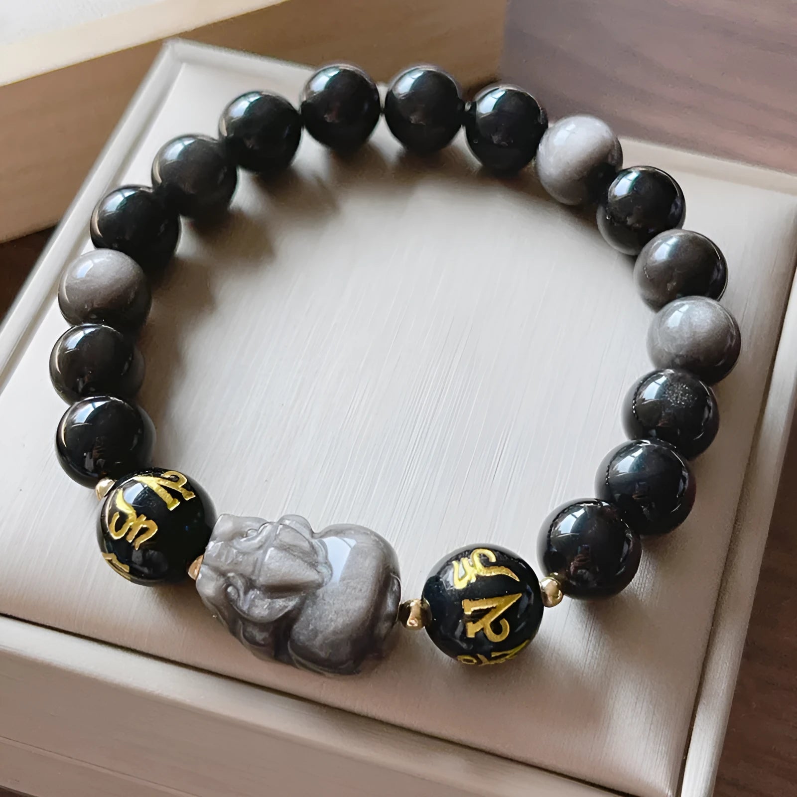 Men's natural silver stone bracelet with Chinese zodiac signs and beaded design