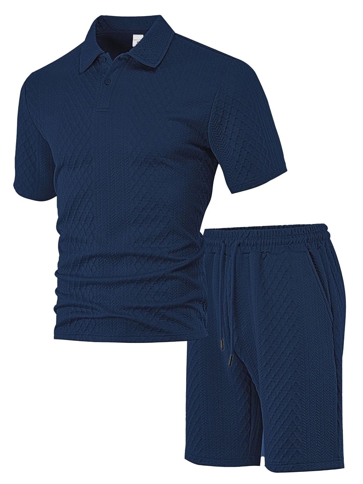 Man wearing a light grey short sleeve polo shirt and matching trousers from the pattern cloth casual suit set.
