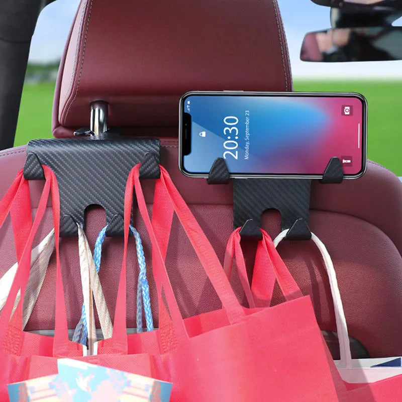 Black ABS car multifunction hook bracket with integrated mobile phone holder for rear seat storage