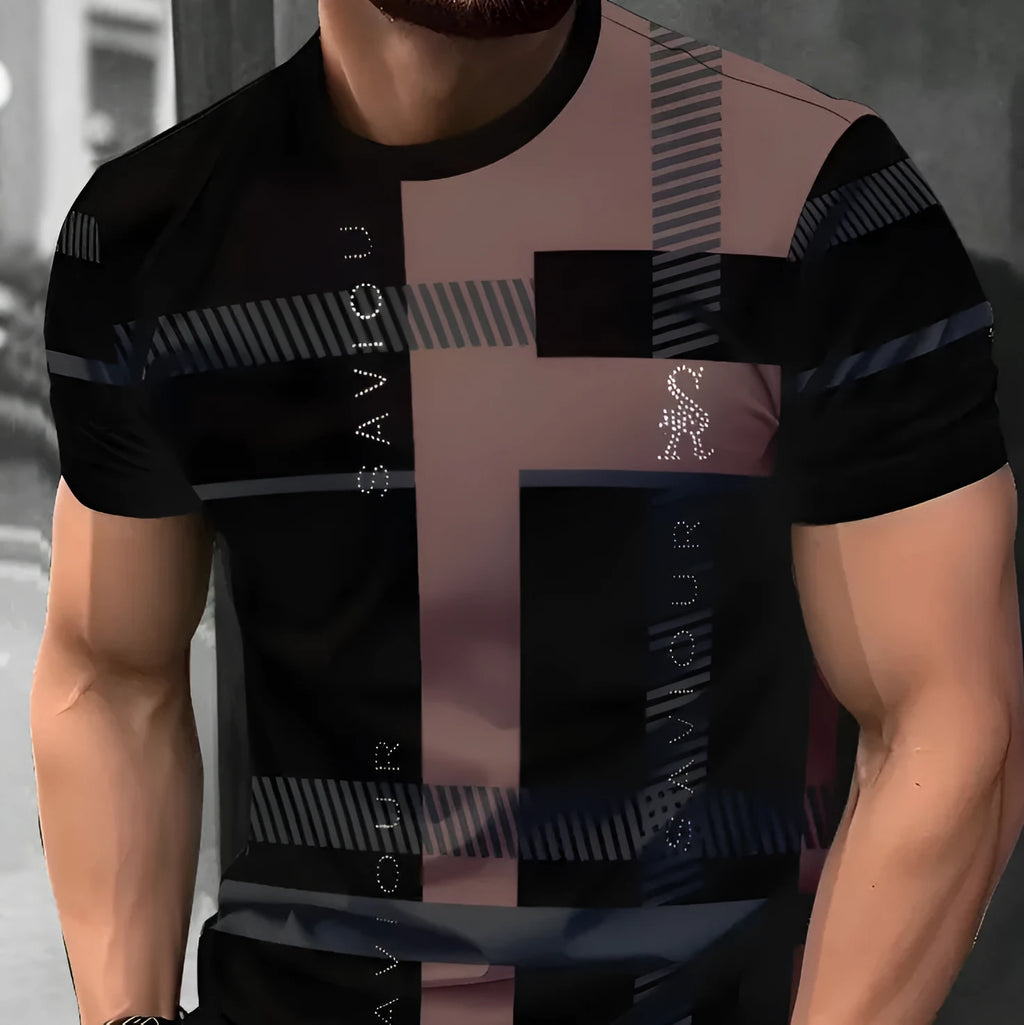 Men's striped digital 3D printed t-shirt in loose fit casual style with short sleeves