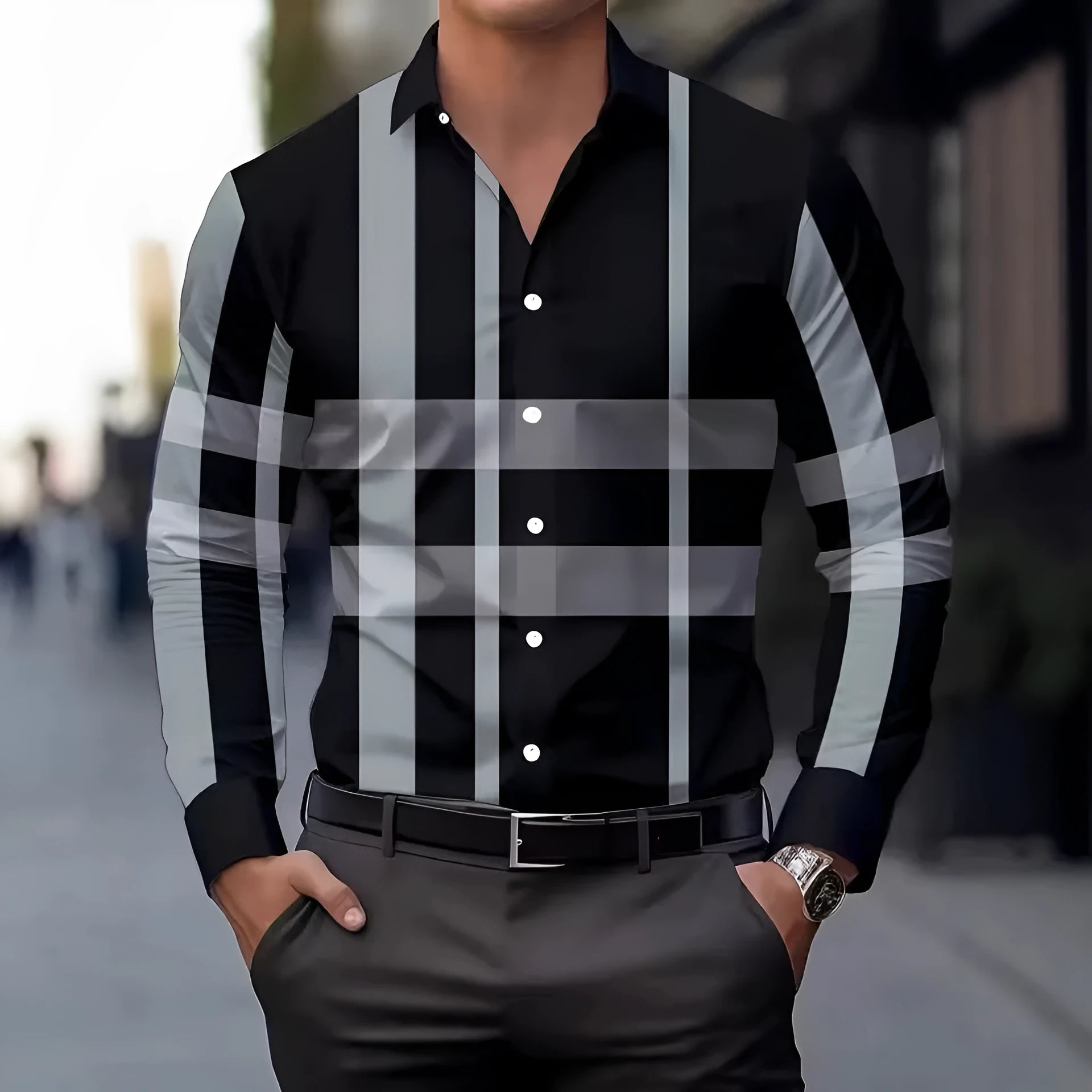 Men's striped long sleeve button-down shirt in polyester, shown in multiple colours and sizes.