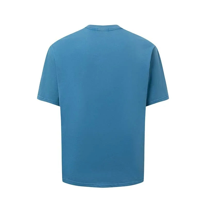 Men's blue loose-fit American retro t-shirt with a large white letter print across the chest.