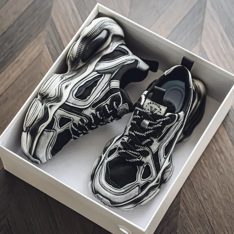 Men's black mesh sneakers with platform heel, round toe, and lace-up closure for height increase