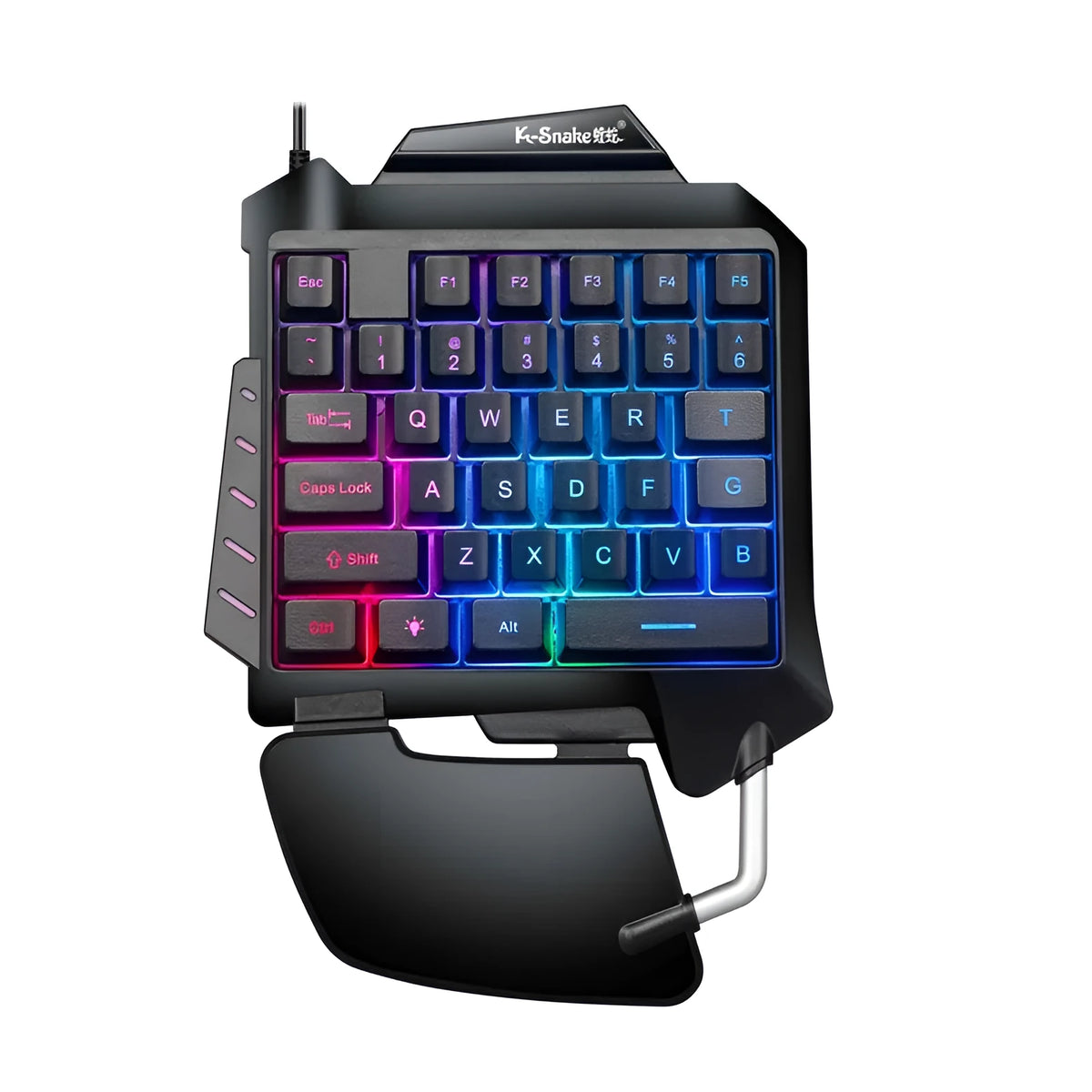 Black one-handed gaming keyboard throne converter with USB cable and built-in hand rest for left-hand PC gaming