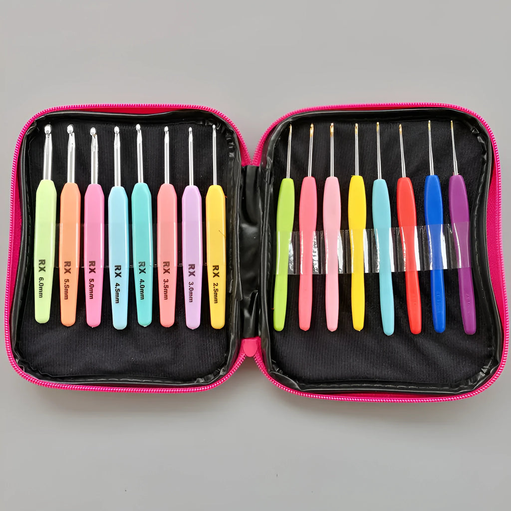 Complete set of 16 crochet hooks with thick and thin handles in PU storage bag