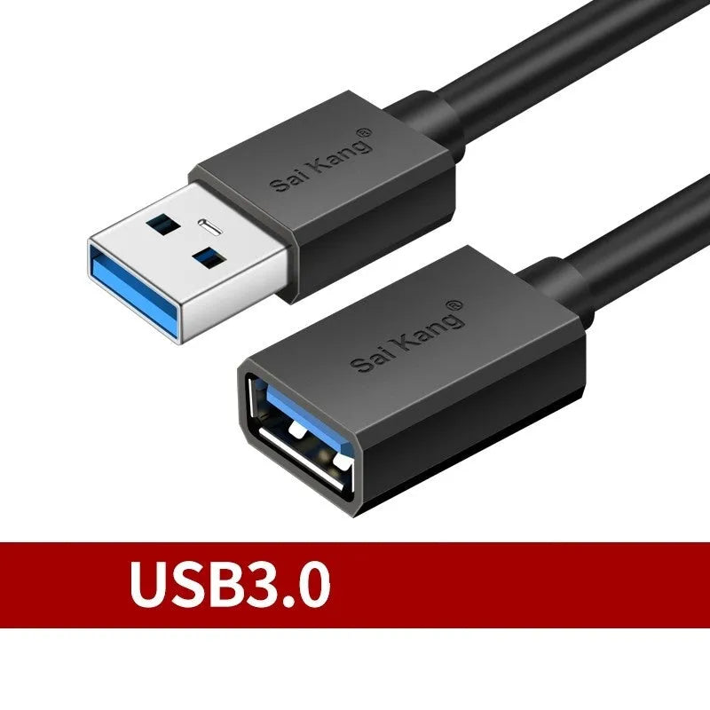 Black USB extension cable with male and female connectors, showing its length and double-shielded construction.