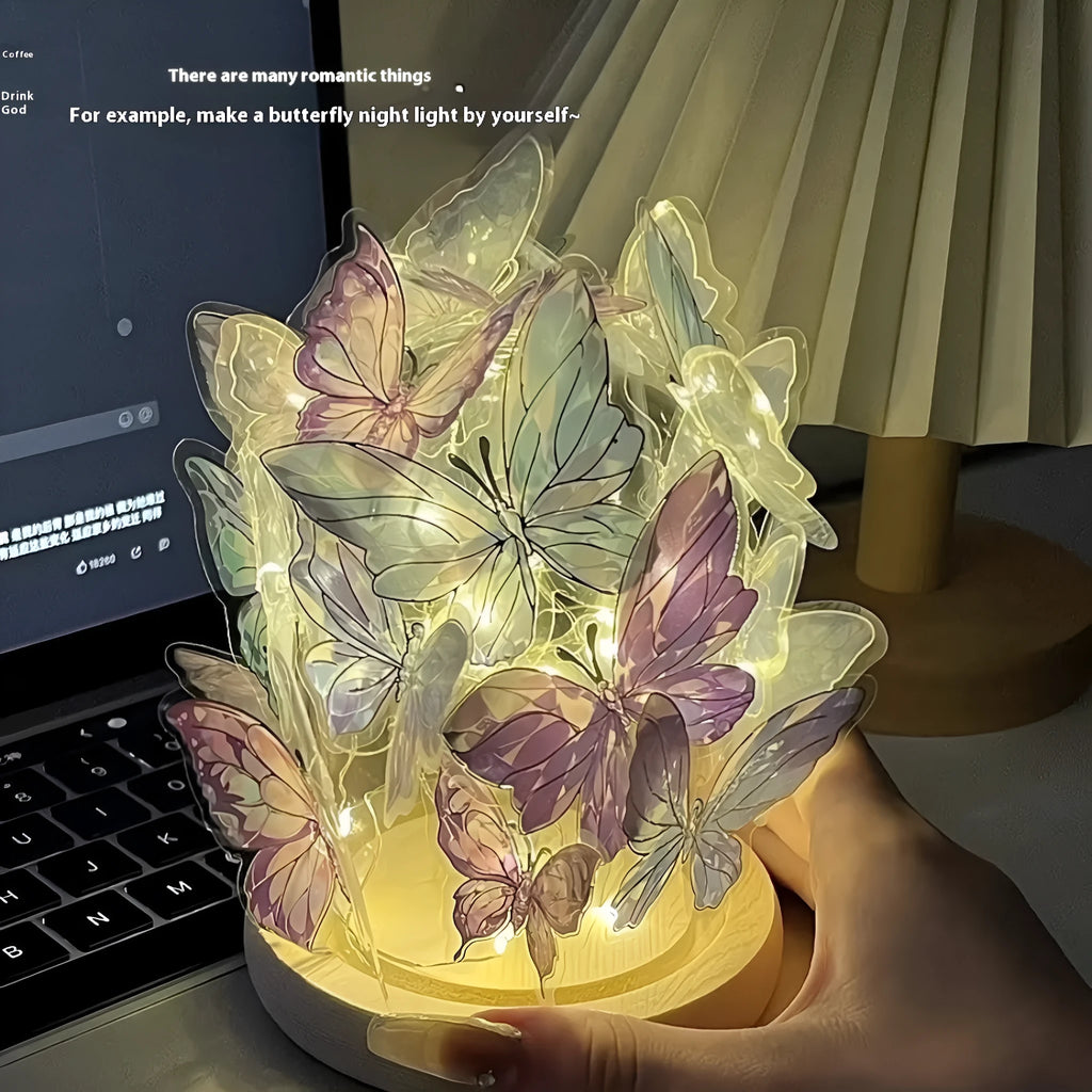 Handmade butterfly night lamp with glass shade and wood base on bedside table