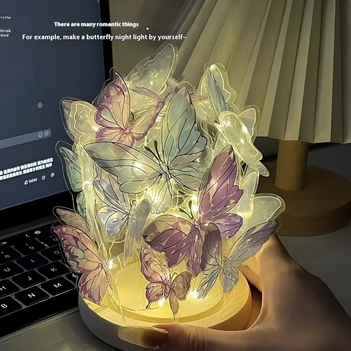 Handmade butterfly night lamp with glass shade and wood base on bedside table