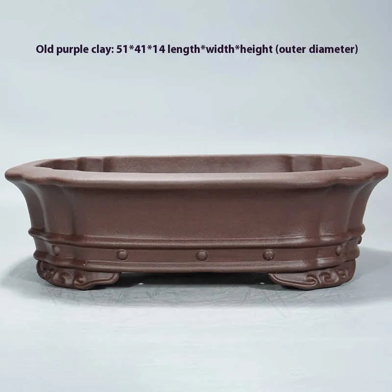 Purple sand handmade rectangular begonia flower pot showing antique plain design and dimensions