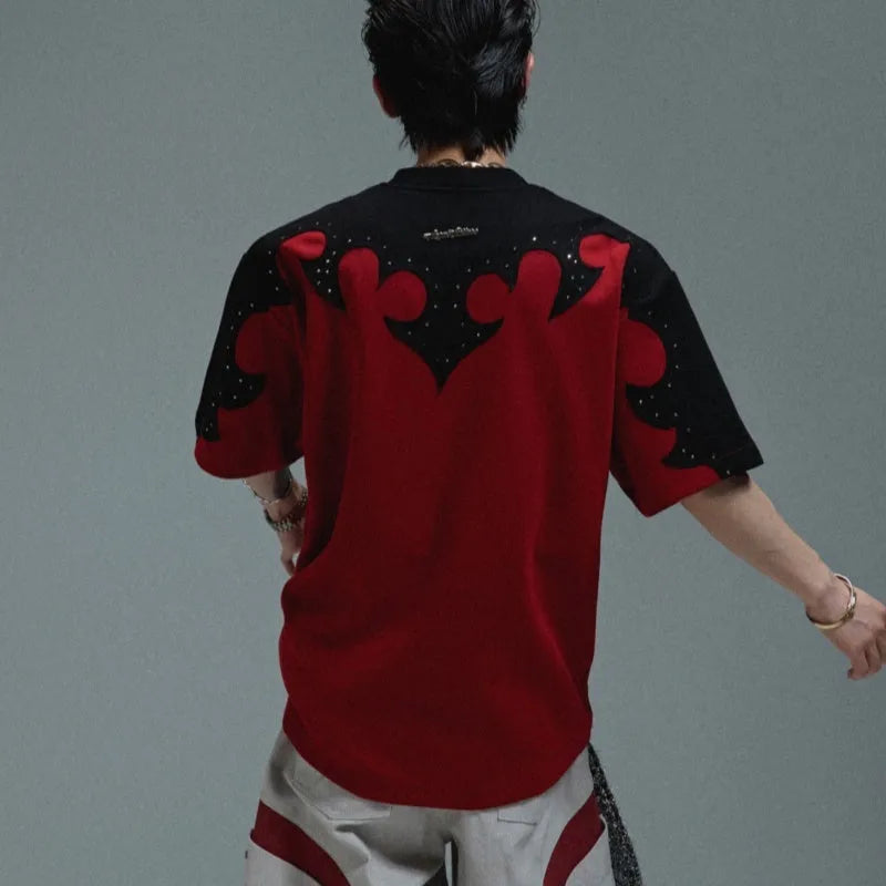 Men's grey cotton shirt with 3D burnt flower stitching and rhinestone details on the front.