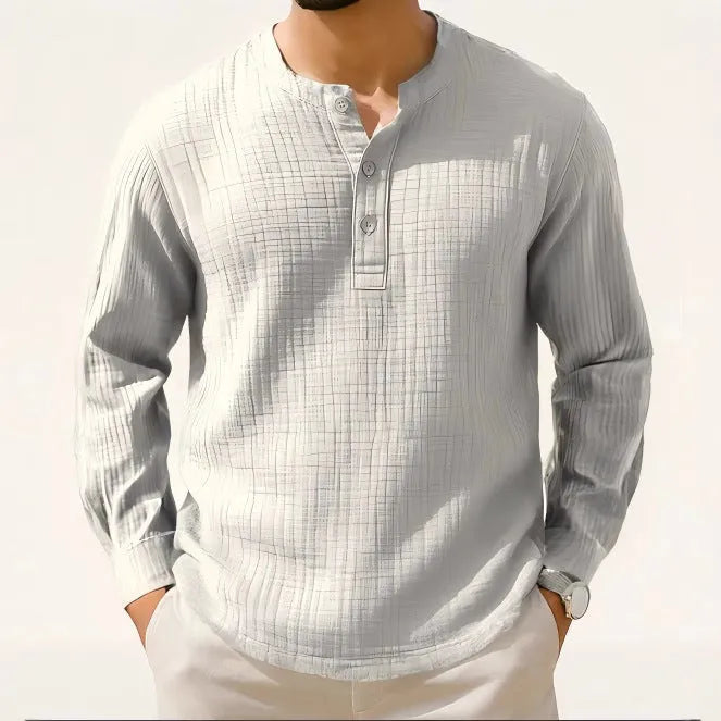 Men's slim fit cotton linen blend long sleeve t-shirt in Army Green with three-quarter sleeves.