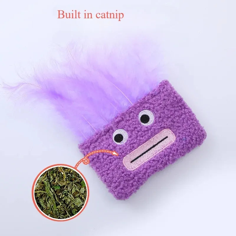 Colourful catnip plush toy with big mouth explosion head shape in blue, green, orange, and purple options