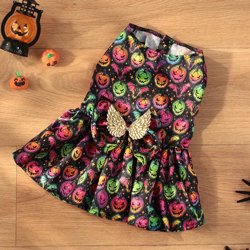 Angel wings Halloween dog costume in bright pumpkin orange and bat print polyester fabric