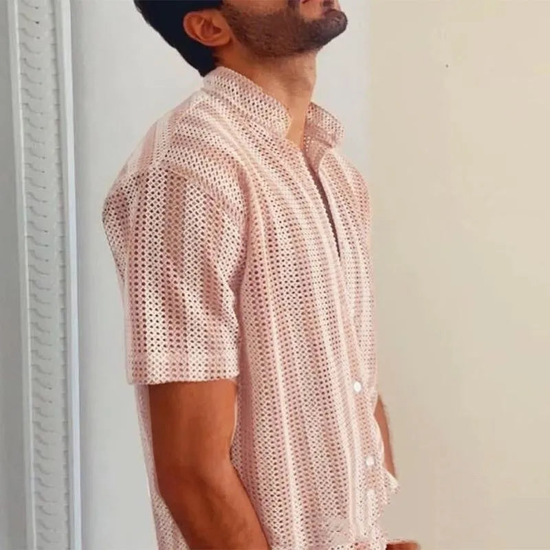 Pink men's casual shirt with waffle texture fabric and short sleeves in loose cardigan style