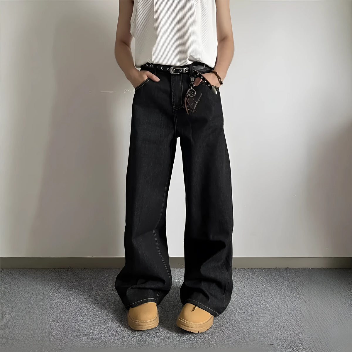Black retro straight-leg jeans with loose wide-leg fit and mid-waist design