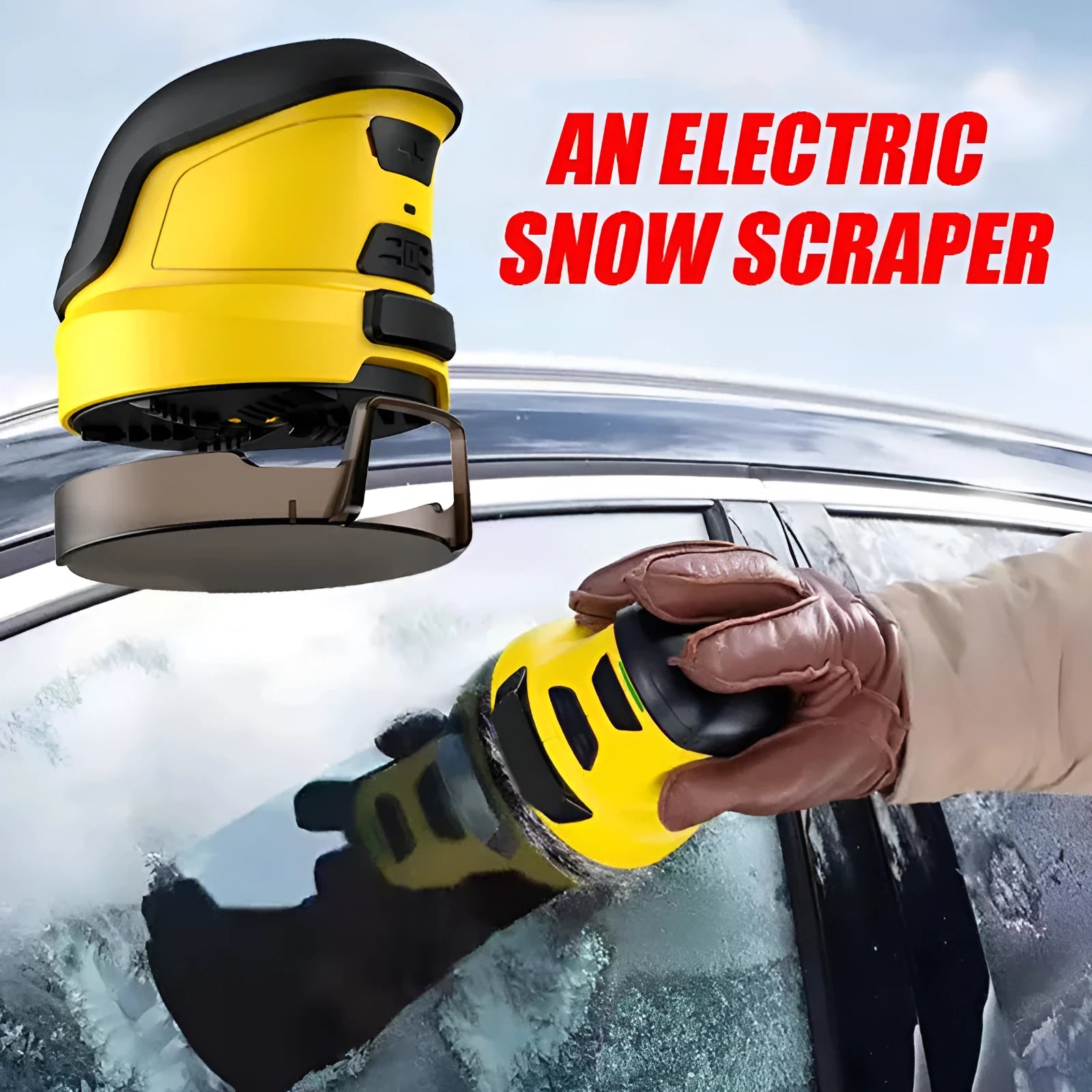 Yellow cordless electric ice scraper for car windshields with USB charging port
