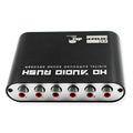Black DTS Dolby Digital audio decoder with optical and coaxial inputs on a desk