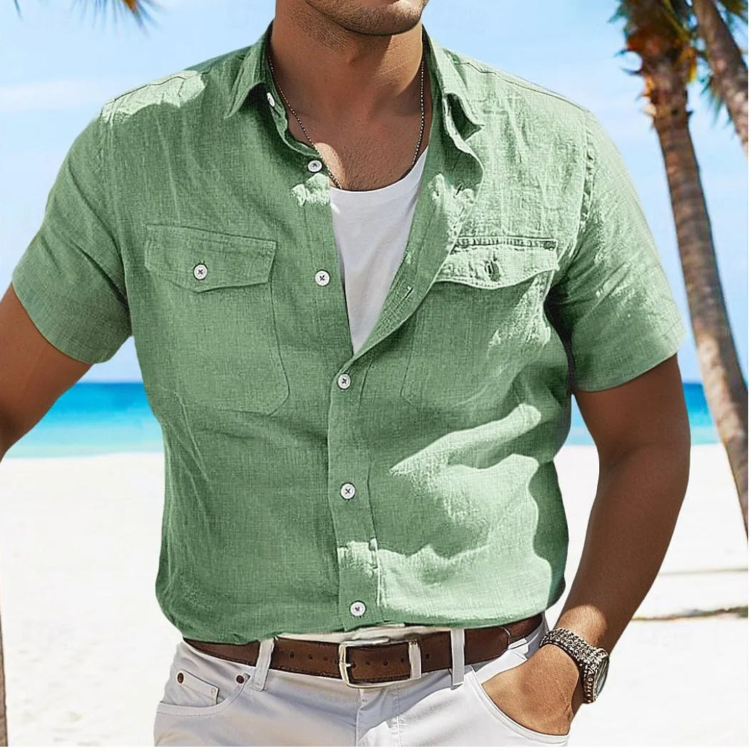 Men's cotton summer shirt with polo collar in loose cardigan style, solid colour design with long sleeves