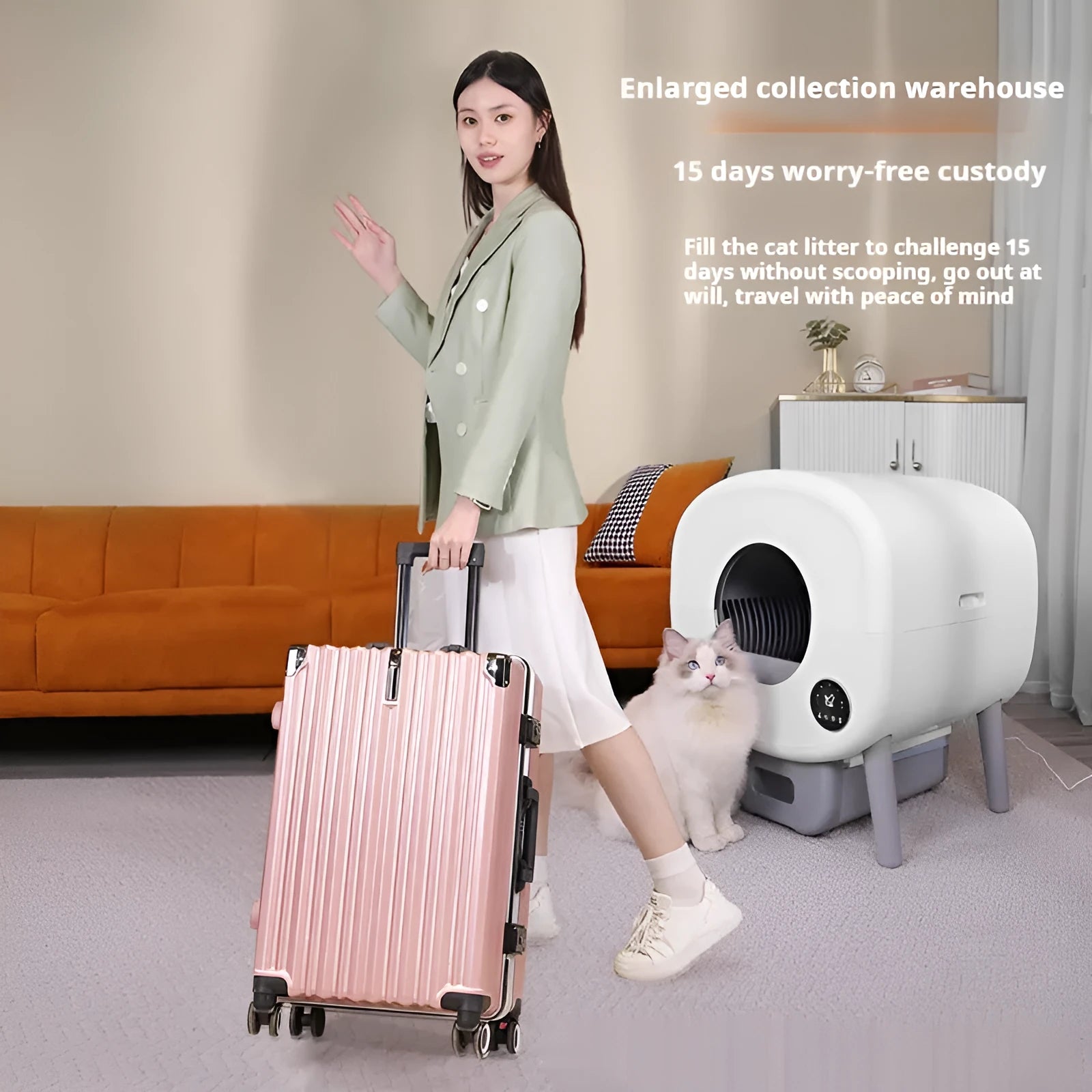 Automatic cat toilet cleaning box with ABS plastic construction showing 550mm width