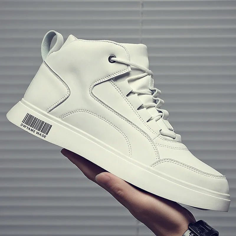 Men's white mid-top sports board shoes with round toe and lace-up closure on a rubber sole.