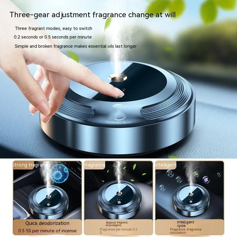 Car air freshener diffuser with automatic spray, zinc alloy shell and vehicle logo colour option