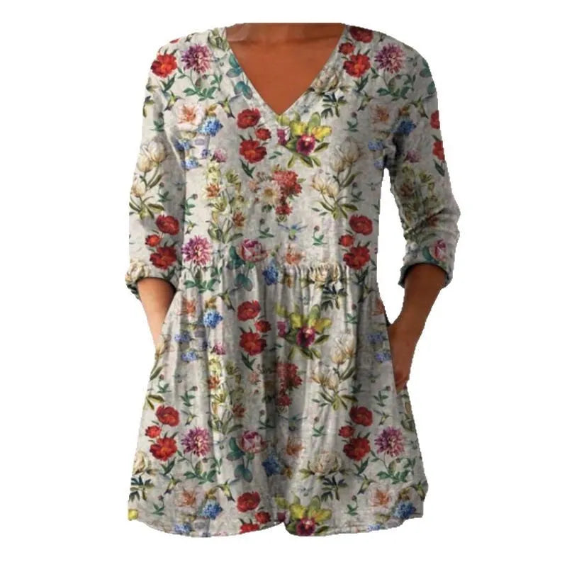 Women's wave pattern printed dress with 3/4 sleeves and loose fit